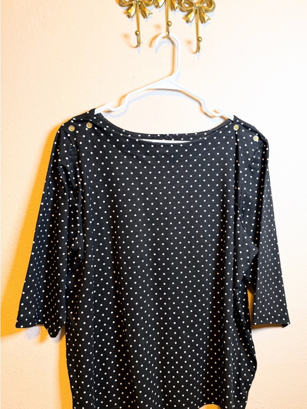 Jessica London Black Polka Dot Blouse with Gold Shoulder Buttons. Size 18/20